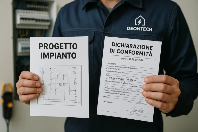 Tecnico DeonTech mostra progetto impianto e dichiarazione di conformità a confronto