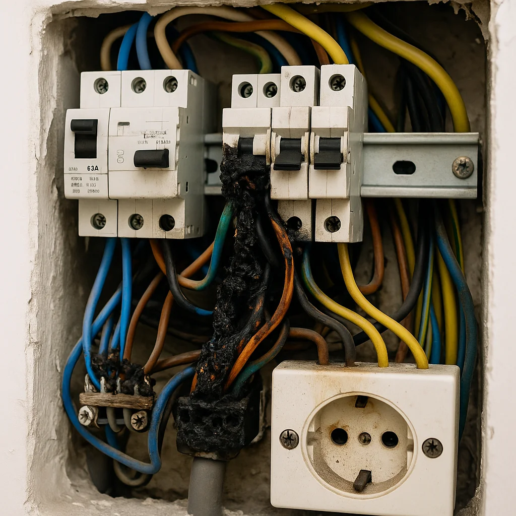 Impianto elettrico domestico con gravi danni visibili a cavi e prese dovuti a malfunzionamento