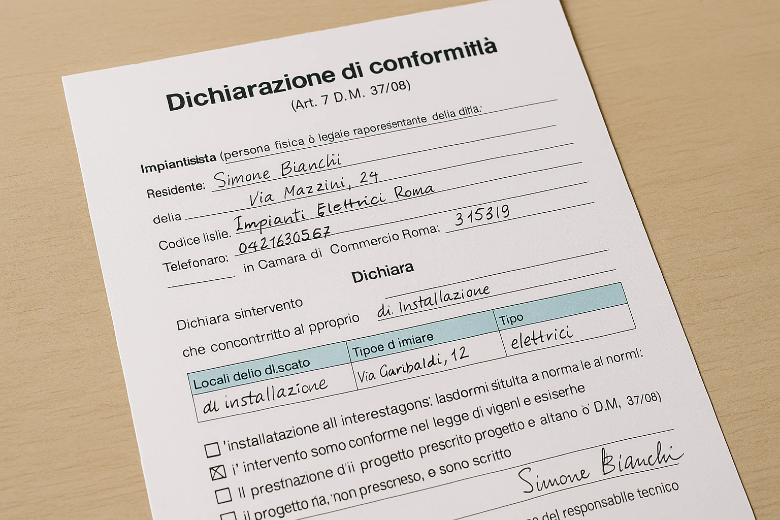 Modulo compilato di Dichiarazione di Conformità DM 37/08 per impianto elettrico domestico