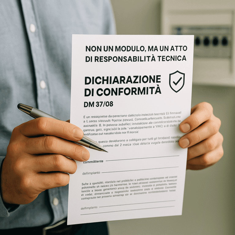 Tecnico che firma la dichiarazione di conformità DM 37/08 per impianto elettrico.