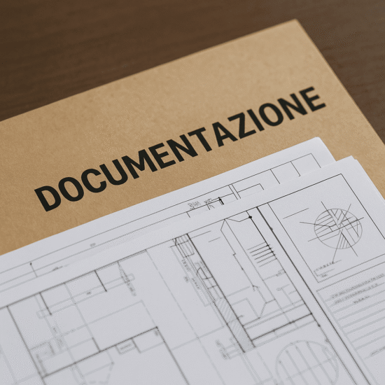 Vista ravvicinata di una cartellina documentale con disegni tecnici per impianti, utile per la redazione della dichiarazione di conformità secondo il DM 37/08.