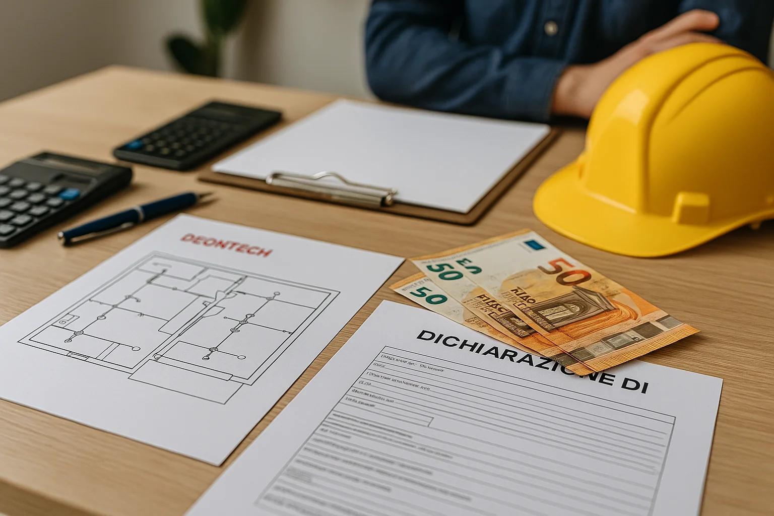 Documenti tecnici e fiscali per bonus edilizi 2024 con dichiarazione di conformità, progetti e valuta su scrivania professionale