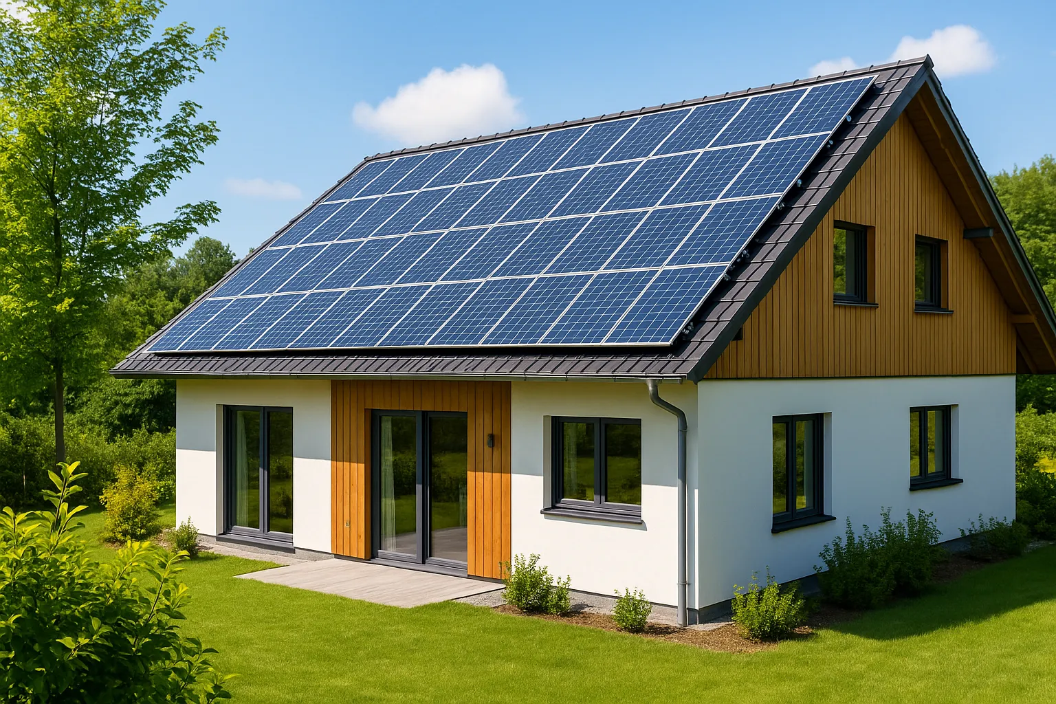 Casa moderna con pannelli solari immersa nel verde per rappresentare l'energia rinnovabile.