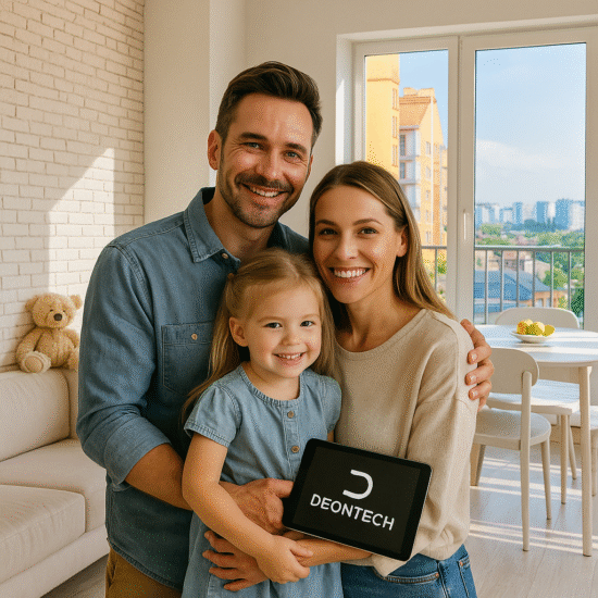 Famiglia felice seduta sul divano di una casa moderna appena ristrutturata da DeonTech