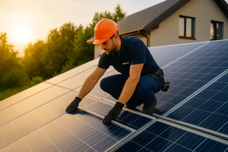 Tecnico DEONTECH che installa pannelli solari su casa moderna