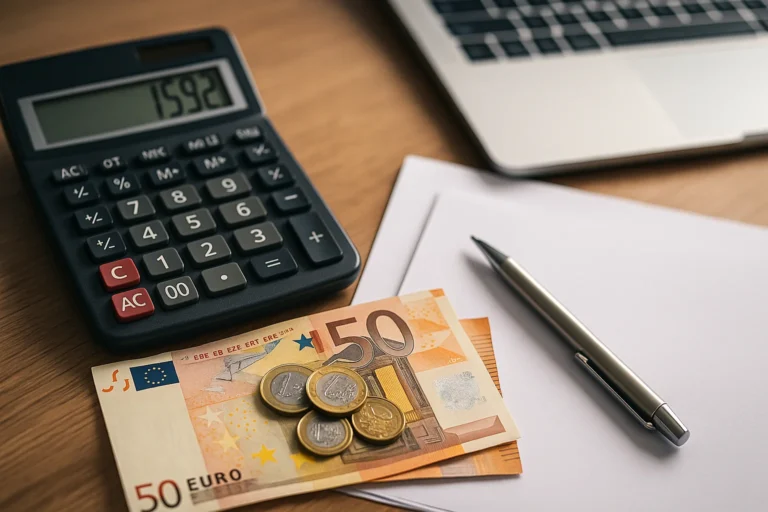 Calcolatrice, banconote e penna su scrivania per valutazione costi dichiarazione di conformità DM 37/08