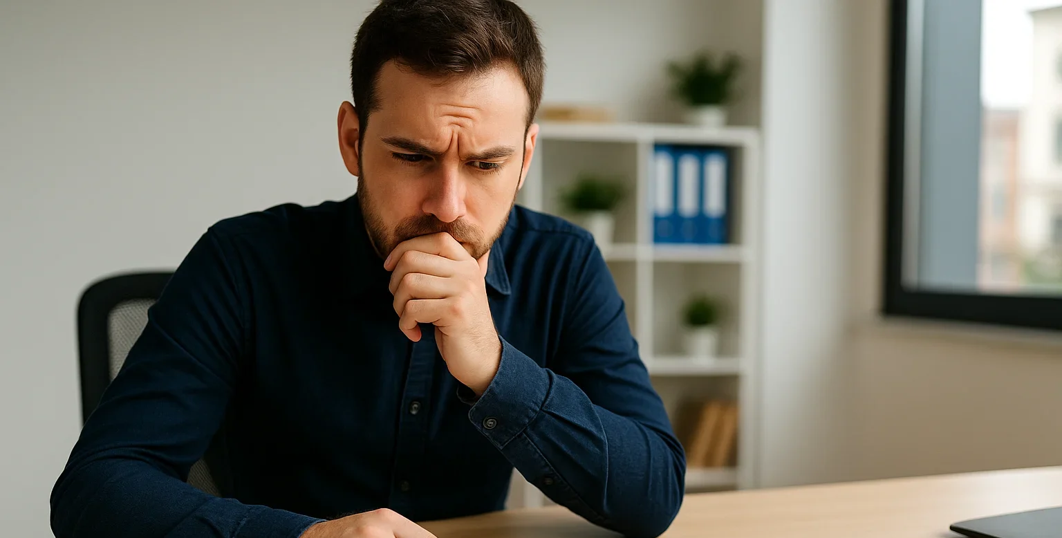 Uomo preoccupato che riflette sui prezzi della Dichiarazione di Conformità DM 37/08