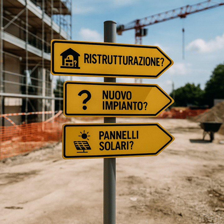 Cantiere con cartelli che mostrano quando serve la Dichiarazione di Conformità DM 37/08