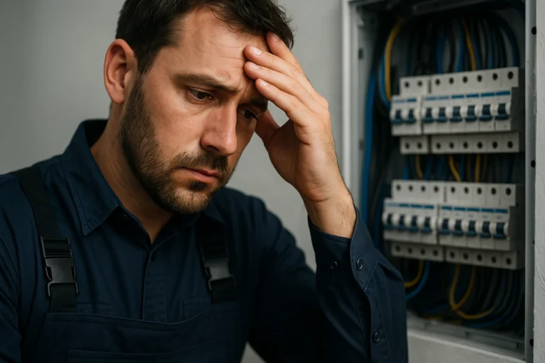 Elettricista preoccupato di fronte a un quadro elettrico aperto, simbolo dei rischi
