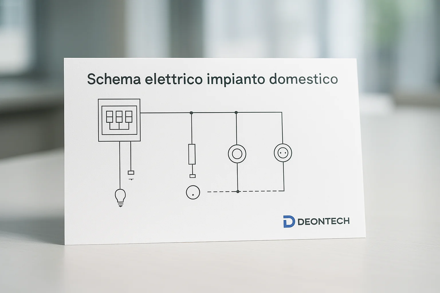Schema elettrico per impianto domestico con logo DeonTech su sfondo sfocato in ufficio moderno