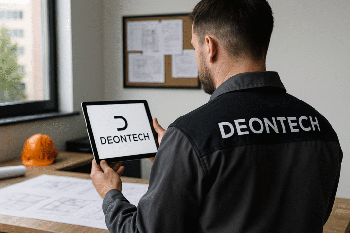 Tecnico DeonTech in ufficio con tablet che mostra il logo aziendale, simbolo di affidabilità e conformità impiantistica.