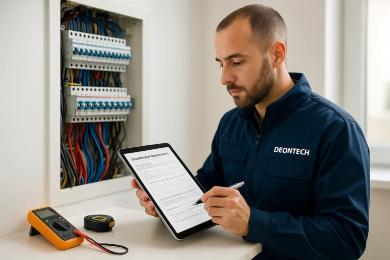 Tecnico DeonTech compila una dichiarazione di conformità per impianto elettrico con tablet, accanto a un quadro elettrico ordinato