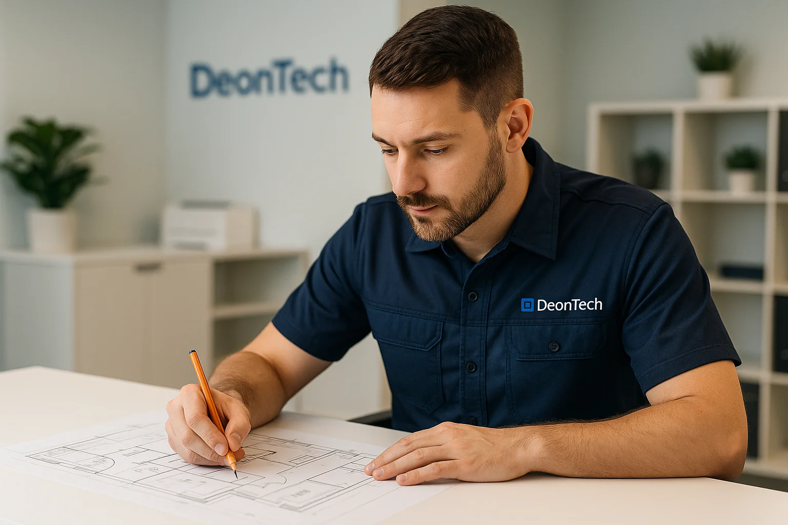 ecnico DeonTech disegna un progetto di impianto elettrico domestico in ufficio moderno a Roma